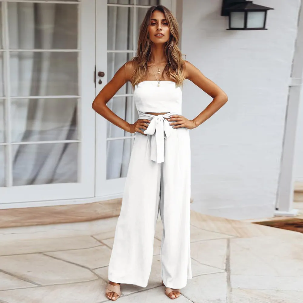 Casual Lace-up Tube Top Lace up Straight Jumpsuit