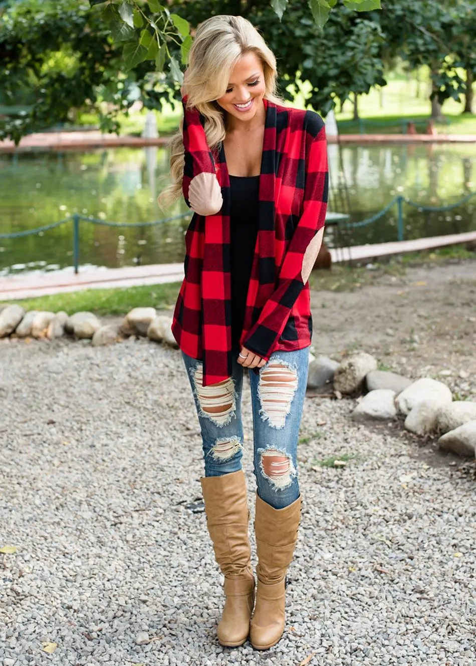 Casual plaid print kimono cardigan top with open front and elbow patch