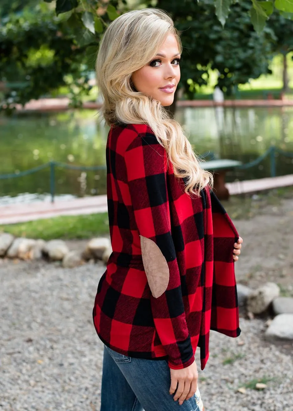 Casual plaid print kimono cardigan top with open front and elbow patch