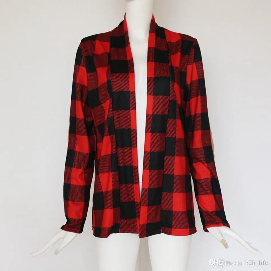 Casual plaid print kimono cardigan top with open front and elbow patch