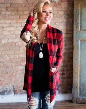 Casual plaid print kimono cardigan top with open front and elbow patch