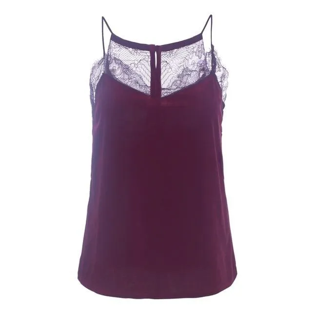 Casual Velvet Strap Camisole Sexy Button Lace Top Backless Chic Sleeveless