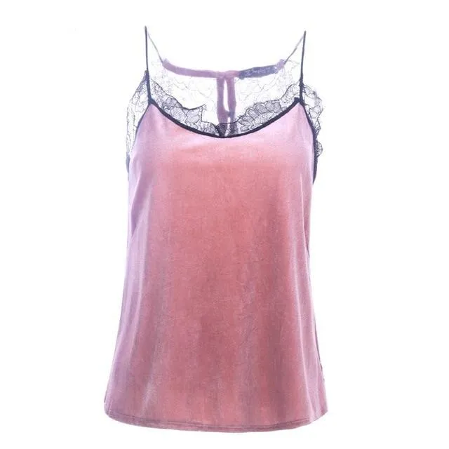 Casual Velvet Strap Camisole Sexy Button Lace Top Backless Chic Sleeveless