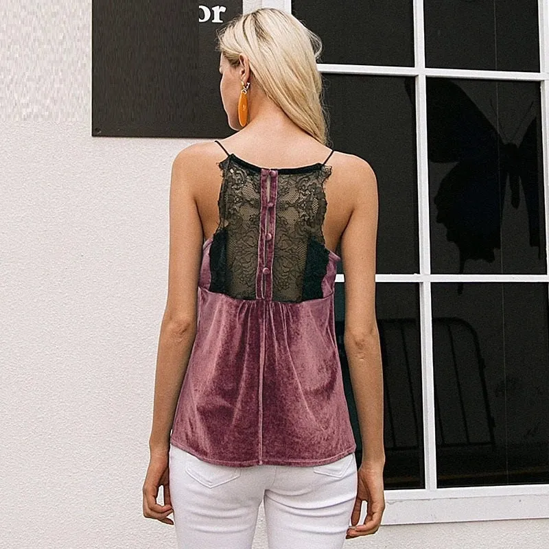 Casual Velvet Strap Camisole Sexy Button Lace Top Backless Chic Sleeveless