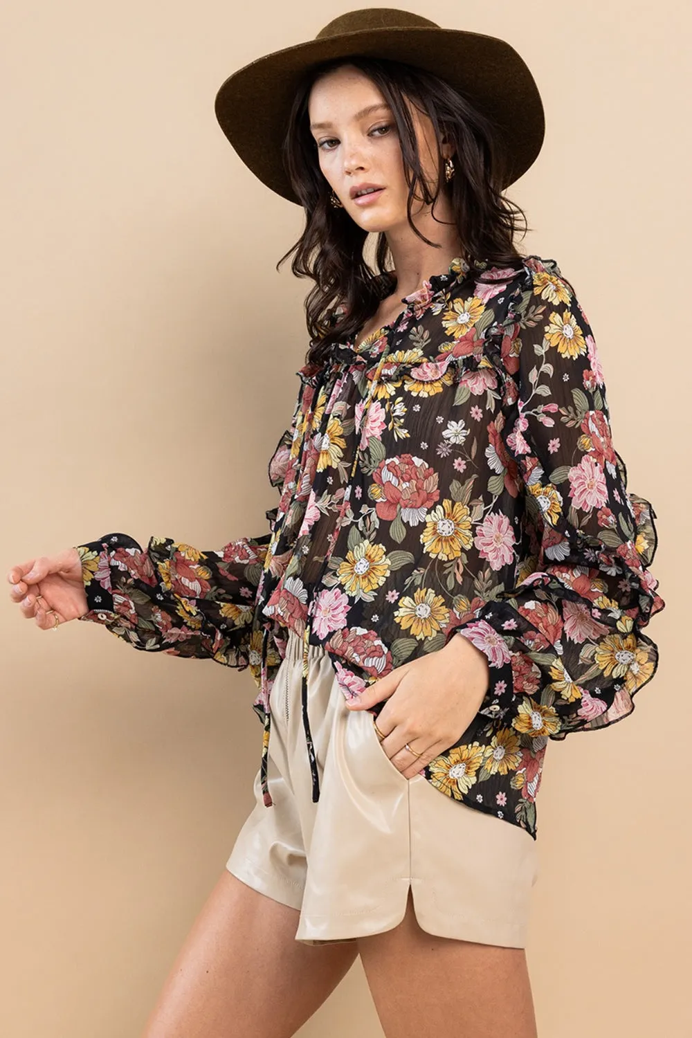 Ces Femme Ruffle Trim Long Sleeve Floral Blouse