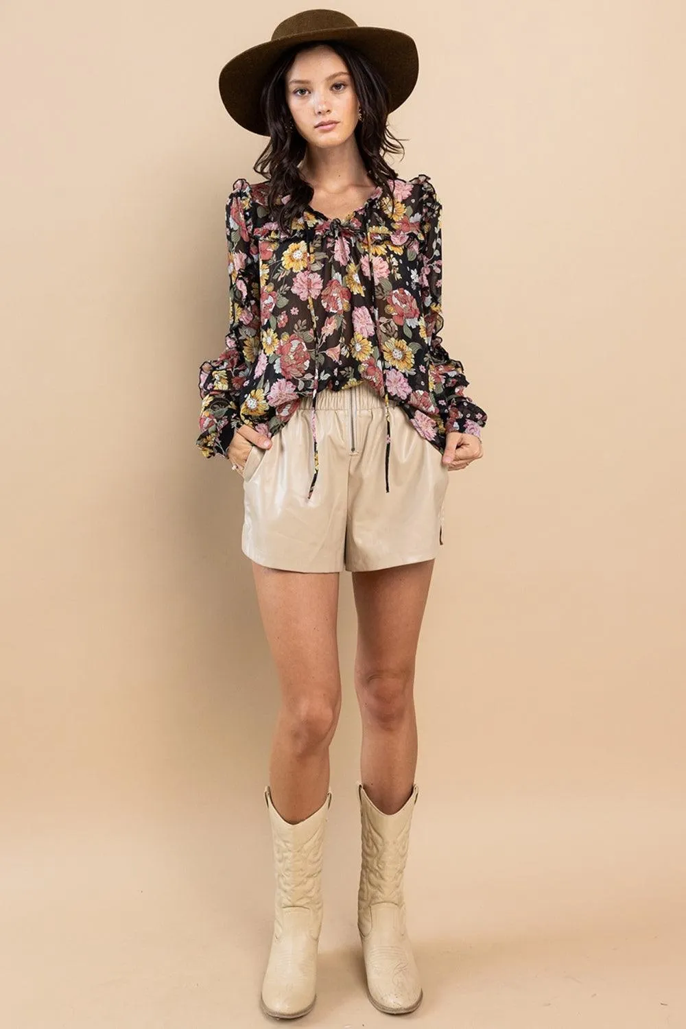 Ces Femme Ruffle Trim Long Sleeve Floral Blouse