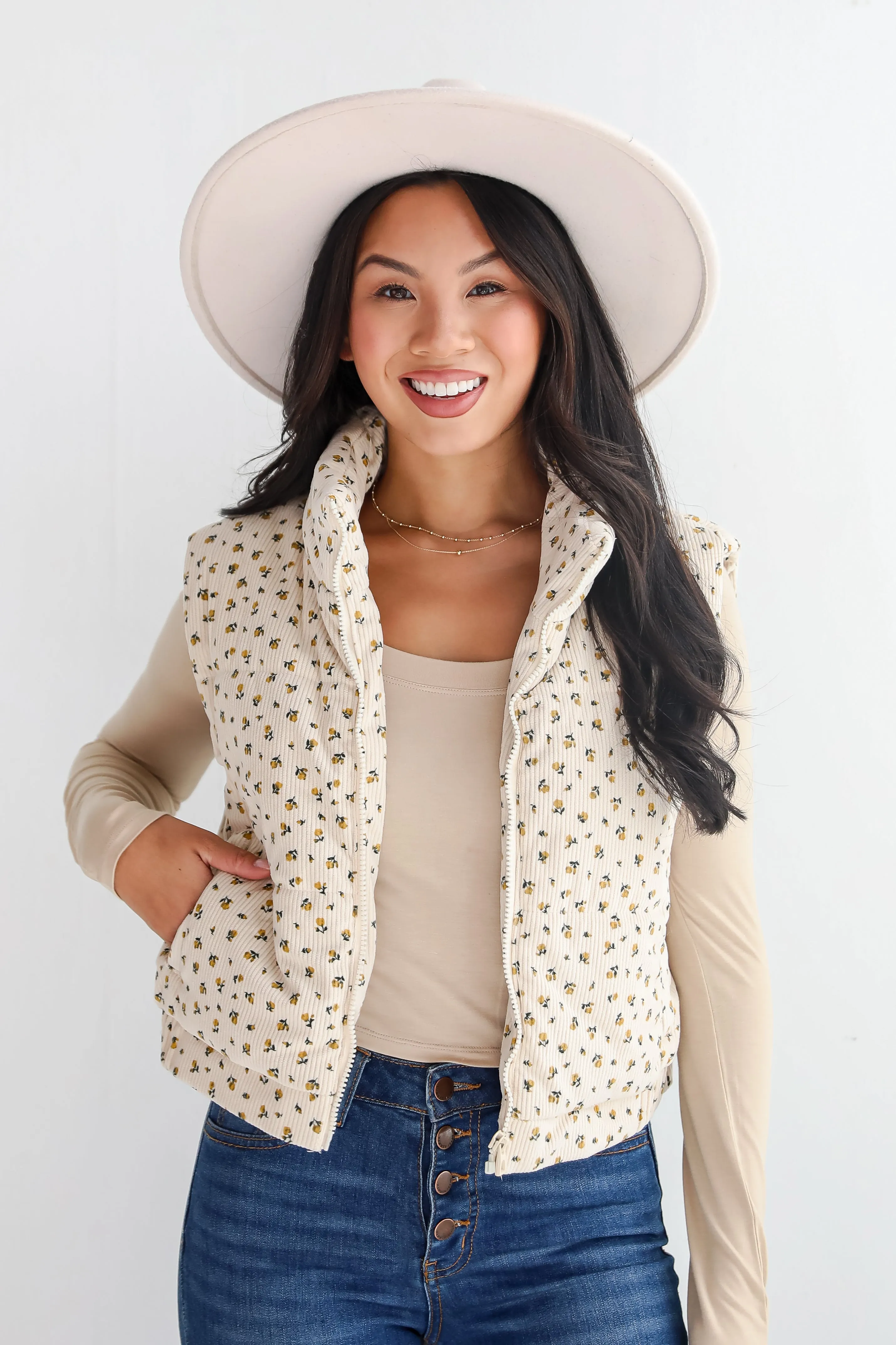 Charming Comfort Cream Floral Corduroy Puffer Vest