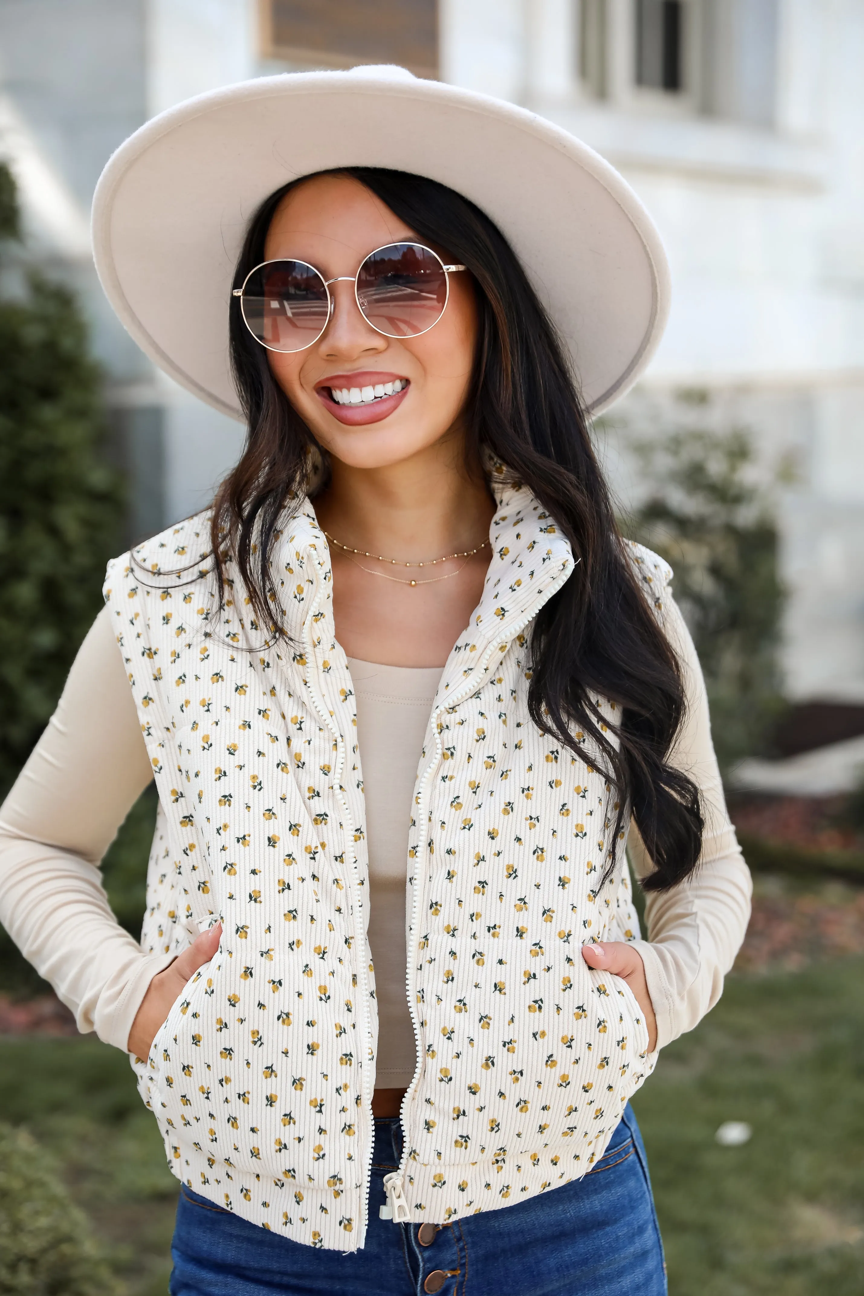 Charming Comfort Cream Floral Corduroy Puffer Vest