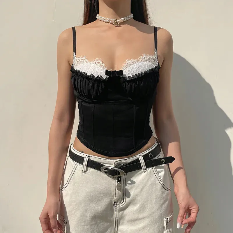 Chic Fashion Strap Lace Patched Frill Y2K Top Camisole Stitched Ruffles Bow Summer Cropped Bustier Top Contrast Color