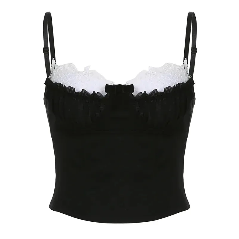 Chic Fashion Strap Lace Patched Frill Y2K Top Camisole Stitched Ruffles Bow Summer Cropped Bustier Top Contrast Color