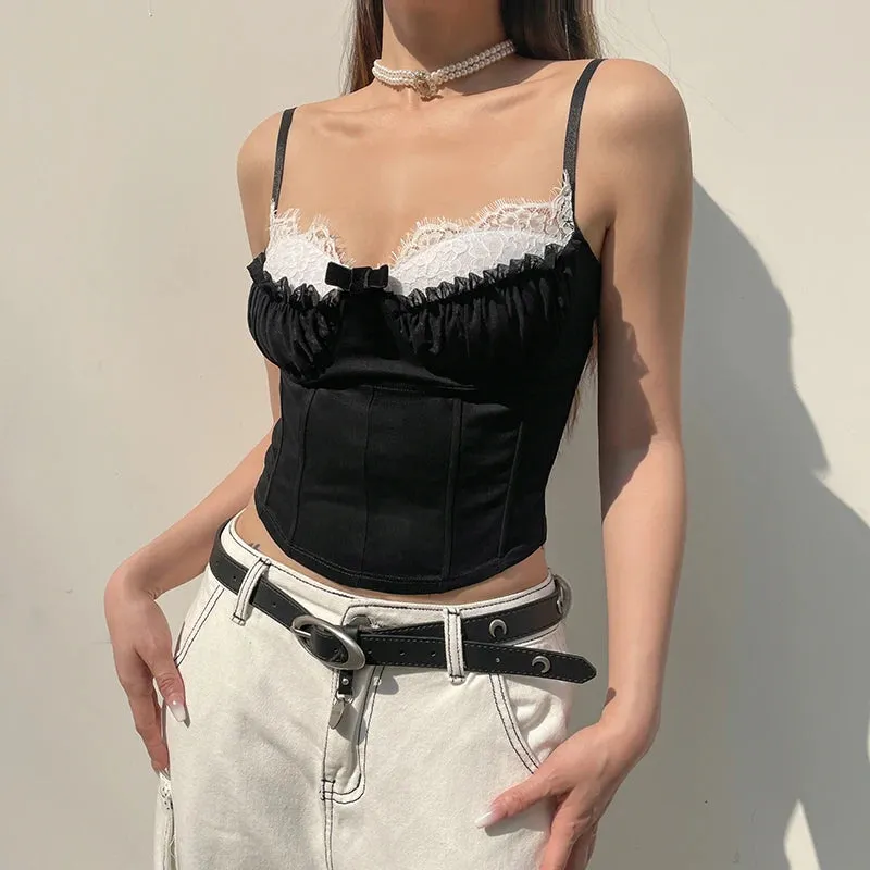 Chic Fashion Strap Lace Patched Frill Y2K Top Camisole Stitched Ruffles Bow Summer Cropped Bustier Top Contrast Color