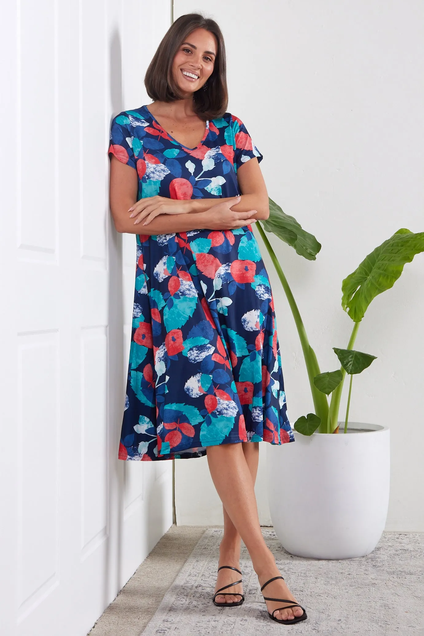 Christobel Dress - Aqua/Coral Leaves