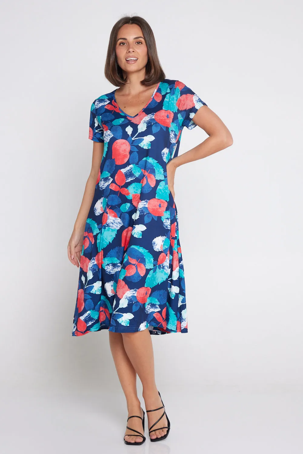 Christobel Dress - Aqua/Coral Leaves