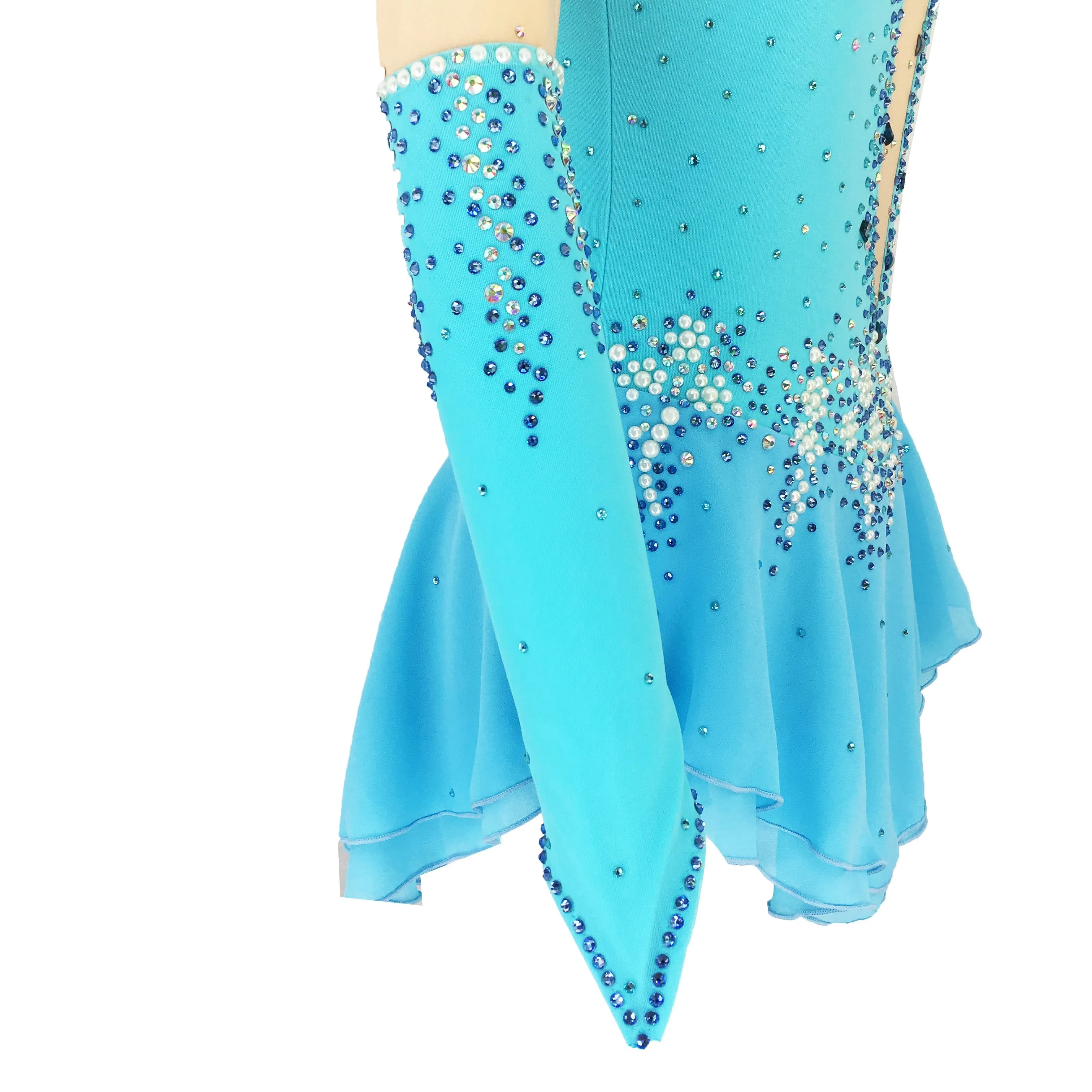 Competition Figure Skating Dress Blue Off Shoulder Look, Long Sleeves, Crystals & Pearl