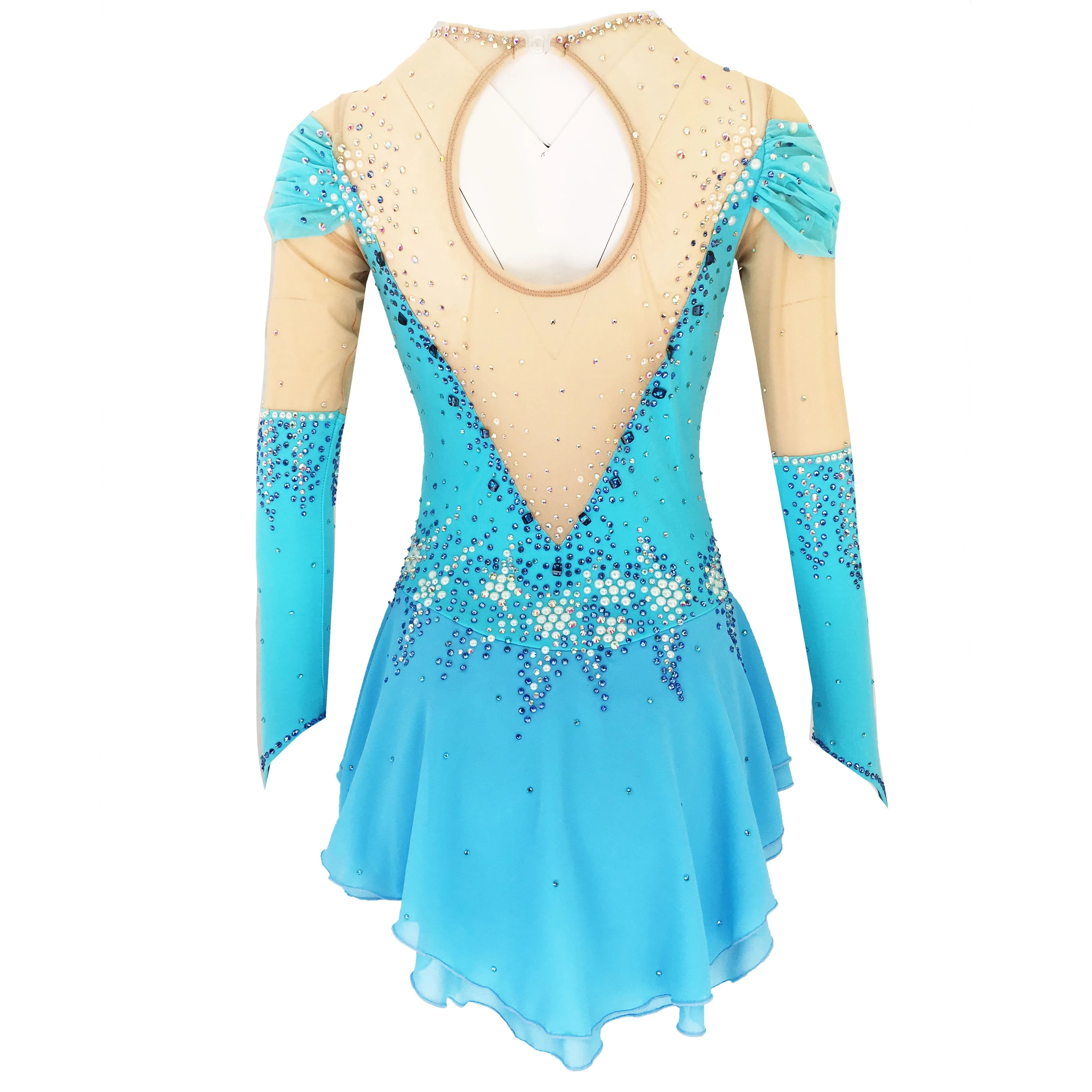 Competition Figure Skating Dress Blue Off Shoulder Look, Long Sleeves, Crystals & Pearl