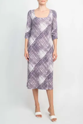 Connected Apparel Square Neck ¾ Sleeve Multi Print A-Line Knit Dress