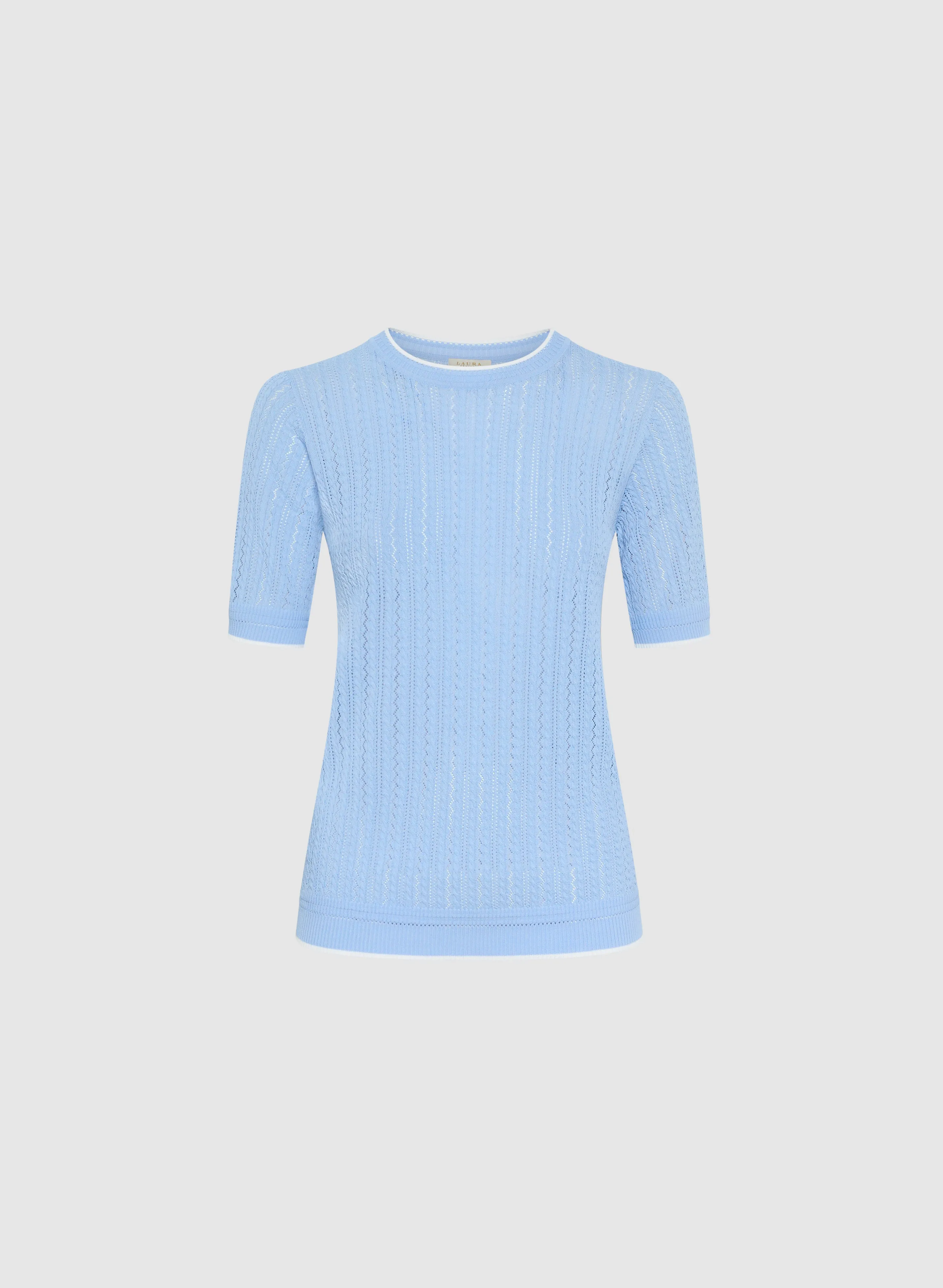 Contrasting Trim Pointelle Knit T-Shirt