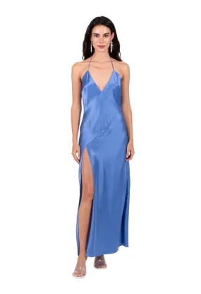 Cornflower Blue High Slit Deep V Halter Maxi