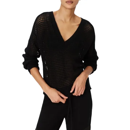 COTTON CASHMERE MESH V NECK SWEATER