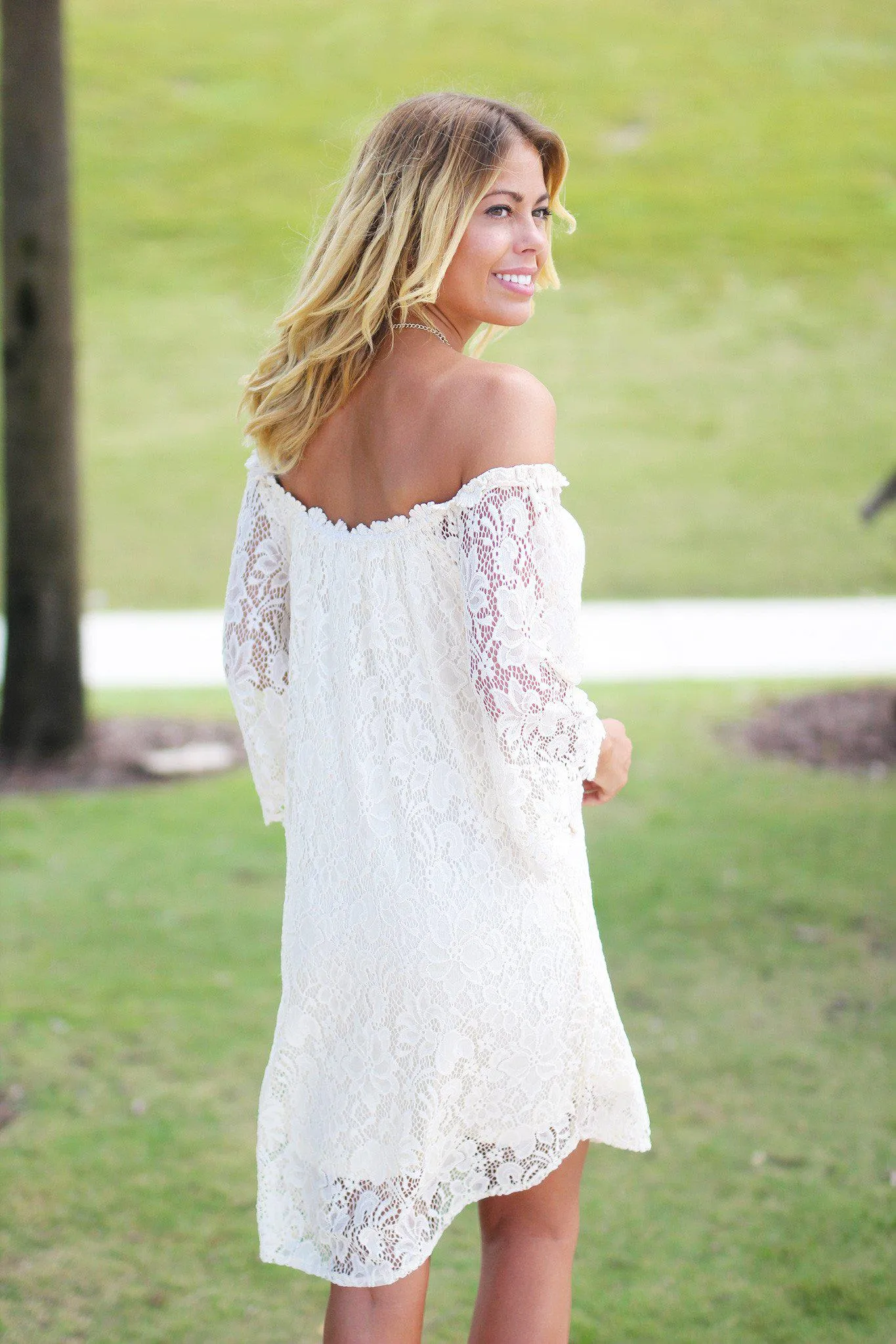 Cream Lace Off Shoulder Short Dress