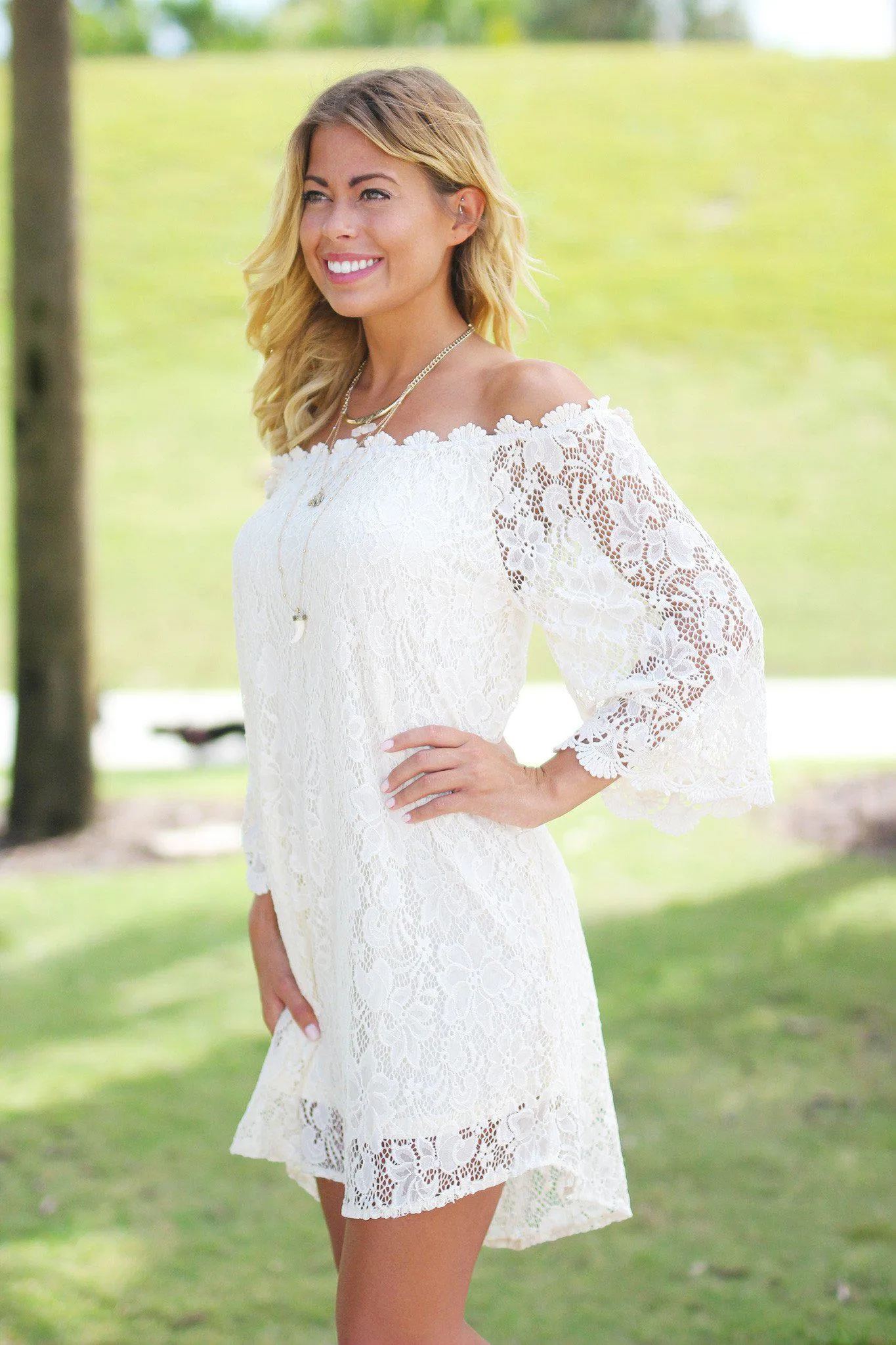 Cream Lace Off Shoulder Short Dress