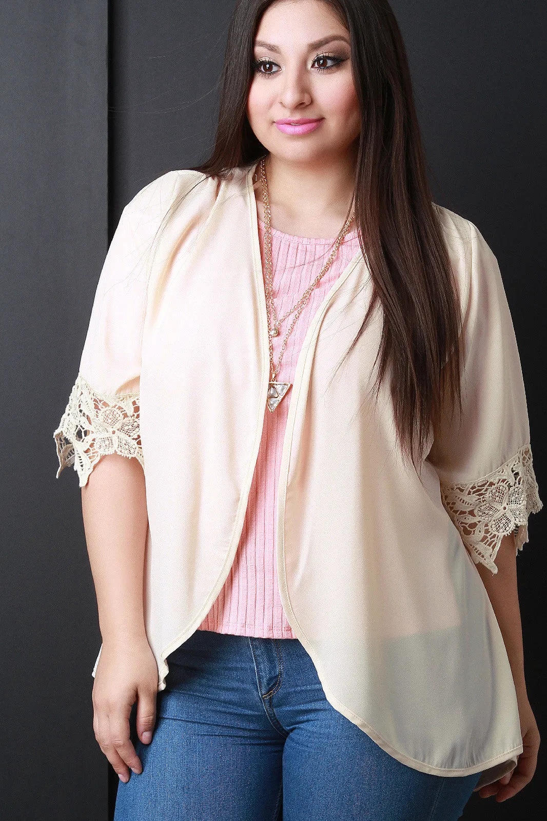 Crochet Lace Sleeve Open Front Cardigan