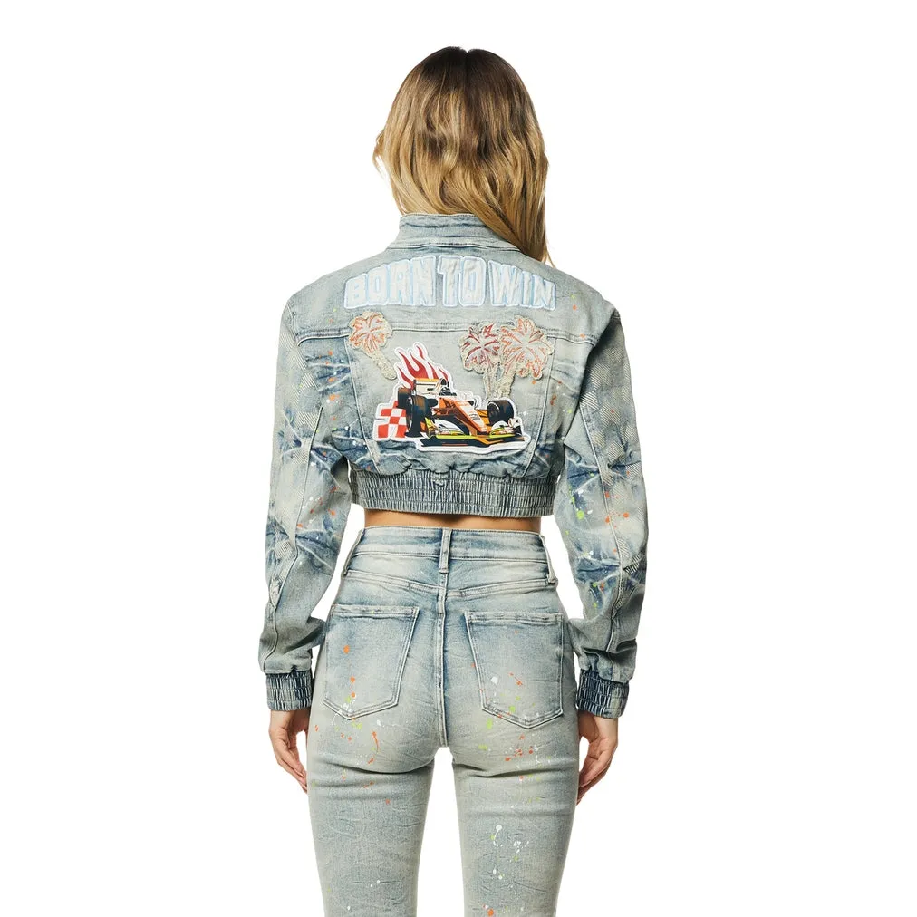 Cropped Racing Jean Jacket - Alpine Blue