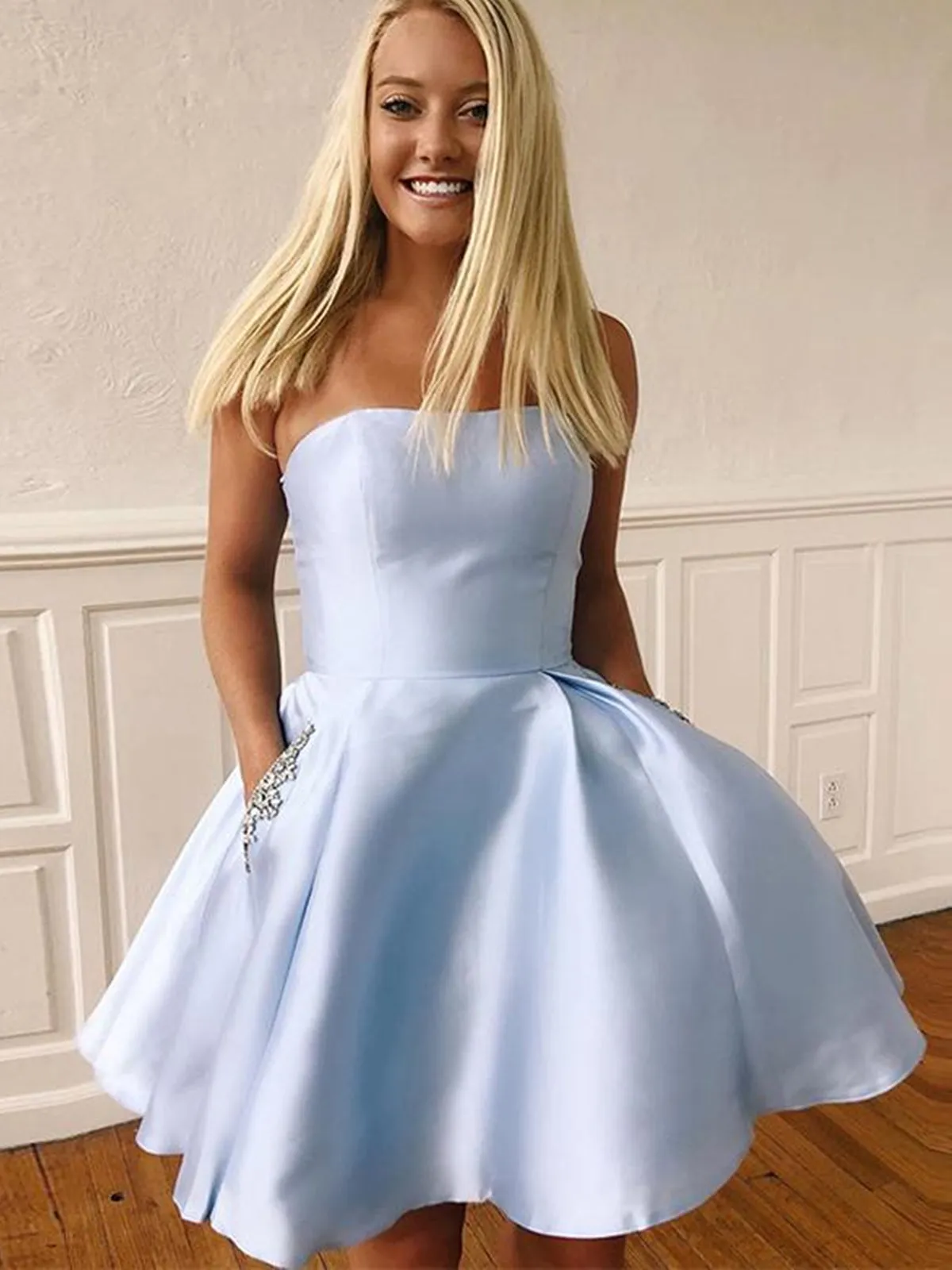 Cute Blue Satin Short Prom Homecoming Dresses with Pocket, Short Blue Formal Graduation Evening Dresses