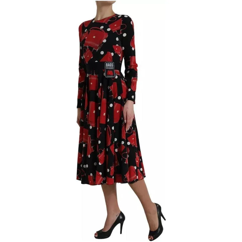 Dolce & Gabbana Black Sicily Bag Print Flared Midi Dress