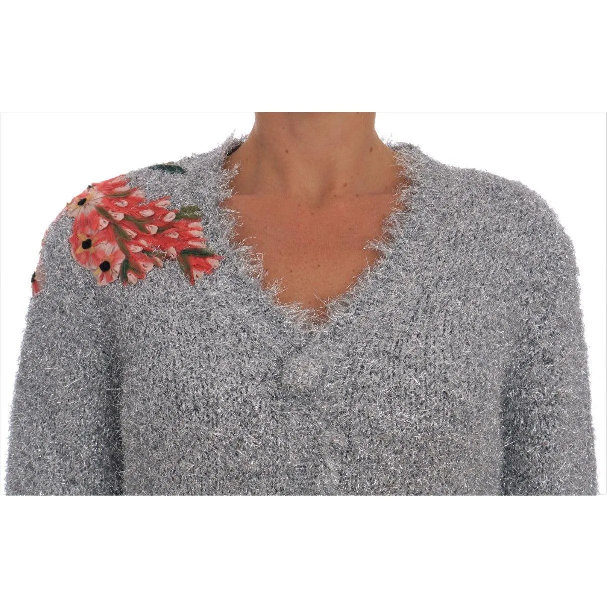 Dolce & Gabbana Elegant Silver Floral Applique Cardigan