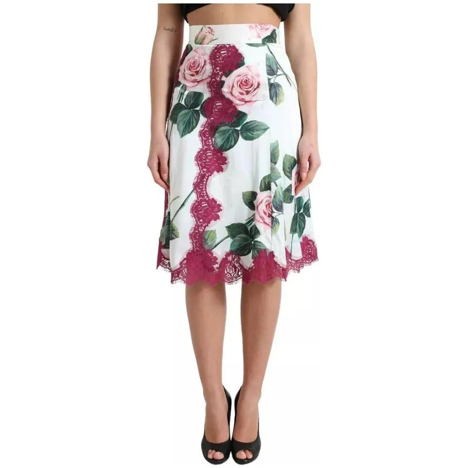 Dolce & Gabbana White Rose Print High Waist Midi A-line Skirt