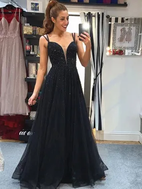 Elegant A Line V Neck Backless Beaded Top Black Long Prom, V Neck Backless Black Formal Graduation Evening