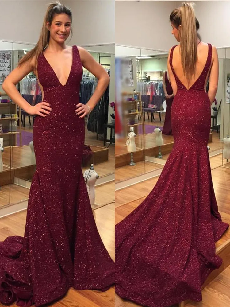 Elegant Burgundy V Neck Mermaid Backless Sequins Long Prom with Sweep Train, Mermaid Burgundy Formal, Evening