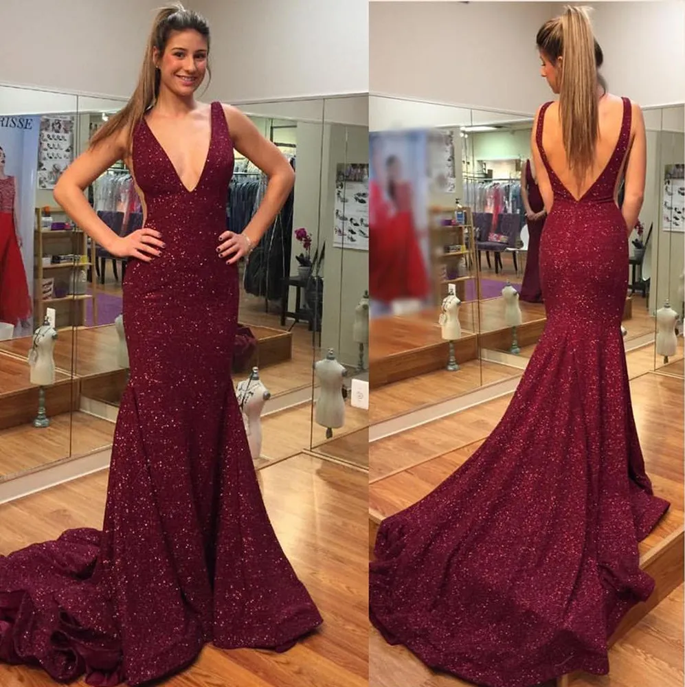 Elegant Burgundy V Neck Mermaid Backless Sequins Long Prom with Sweep Train, Mermaid Burgundy Formal, Evening