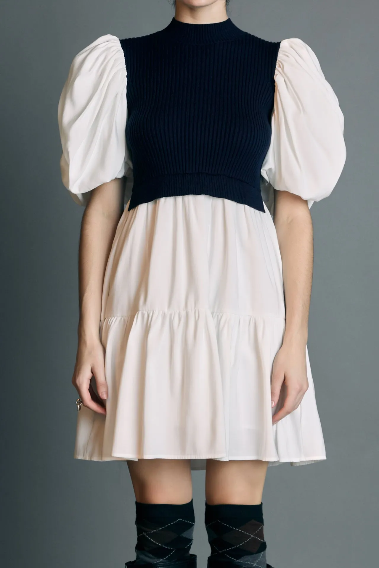 English Factory - Mixed Media Puff Short Sleeve Mini Dress