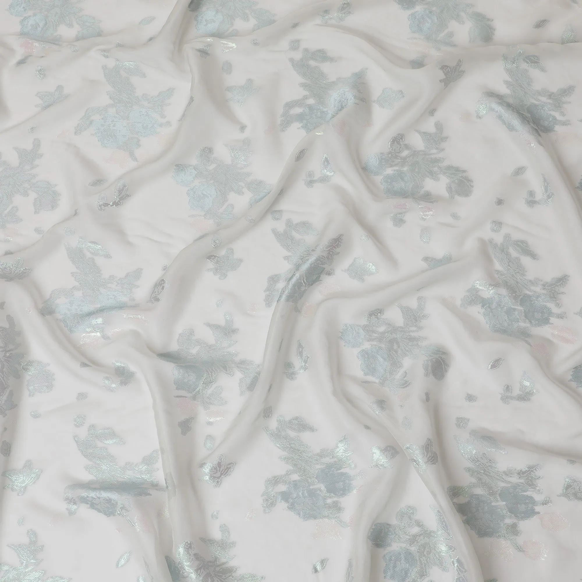 Ethereal White Silk Chiffon Fabric with Silver and Aqua Lurex Accents, 110 cm Width - Imported from South Korea-D20240