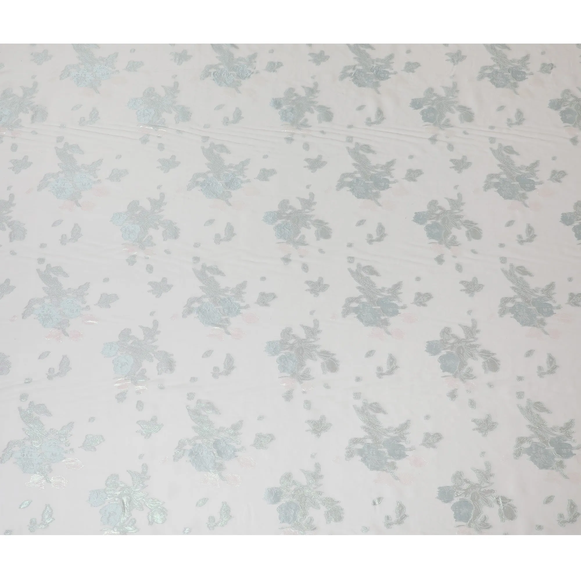 Ethereal White Silk Chiffon Fabric with Silver and Aqua Lurex Accents, 110 cm Width - Imported from South Korea-D20240