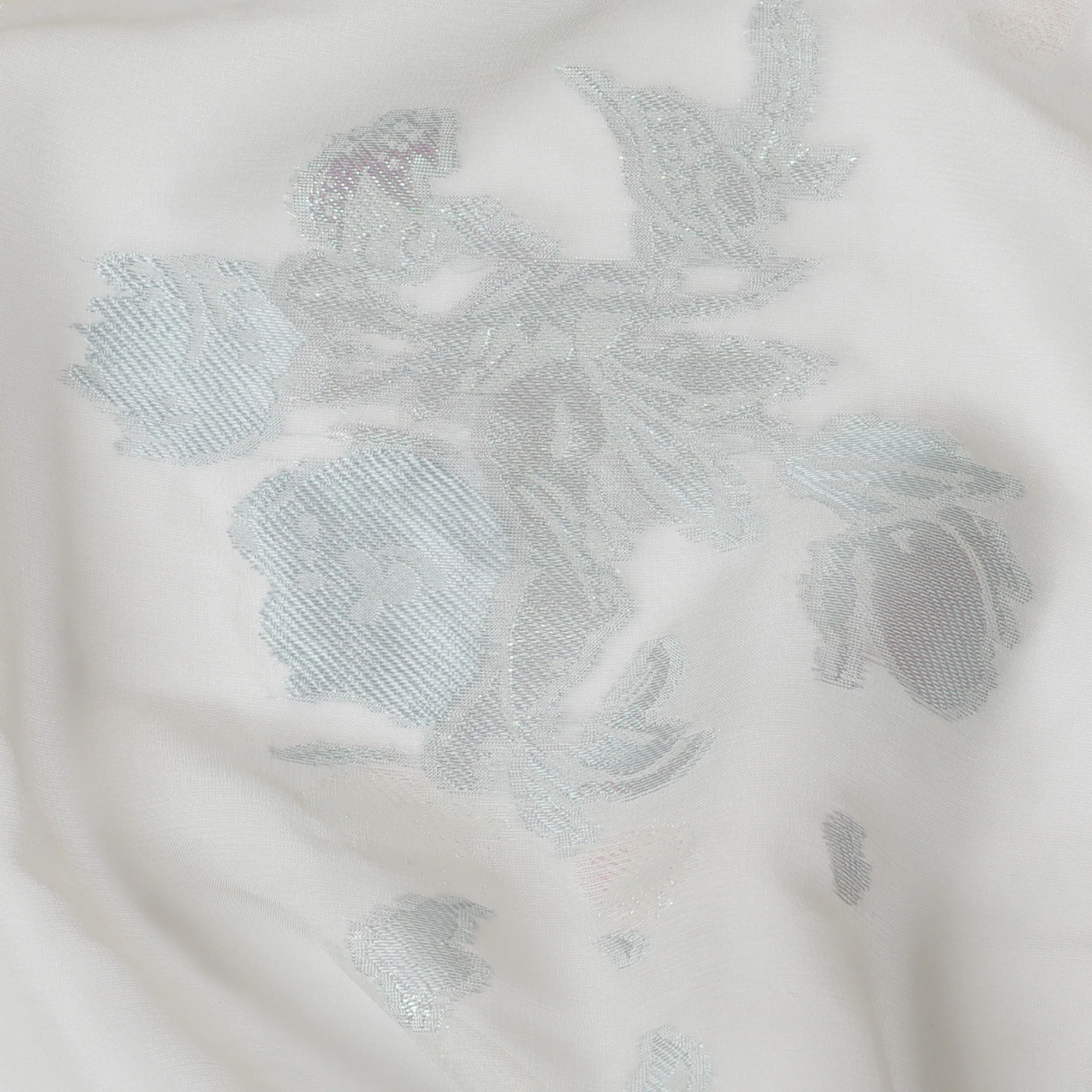 Ethereal White Silk Chiffon Fabric with Silver and Aqua Lurex Accents, 110 cm Width - Imported from South Korea-D20240