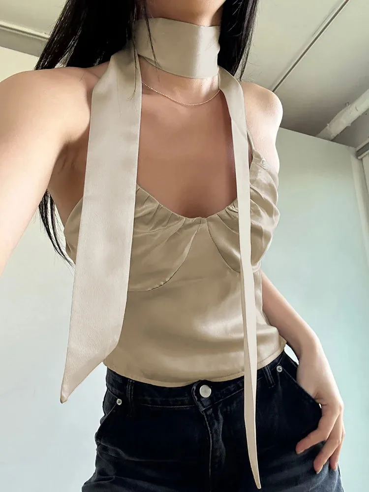 Fashion V Neck Solid Summer Satin Top Camisole Chic Retro Folds Camisole Scarf Cute Korean Style Cropped Women's Tops