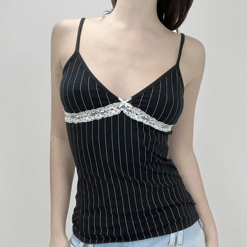 Fashion V Neck Stripe Lace Trim Bow Summer Crop Top Women Slim Chic Y2K Outfits Camisole Sleeveless Sexy Elegant New