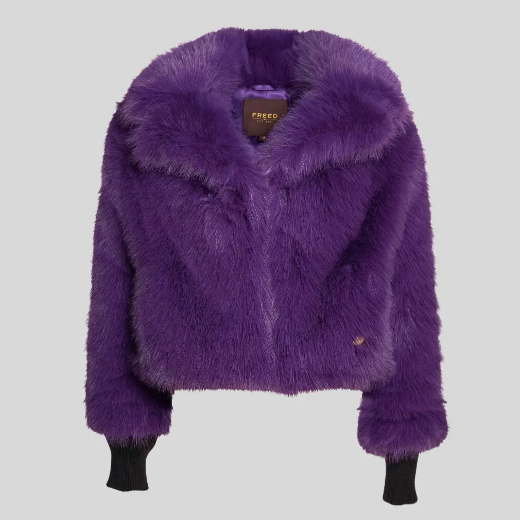 Faux Fur Peak Lapel Crop Jacket - Grape