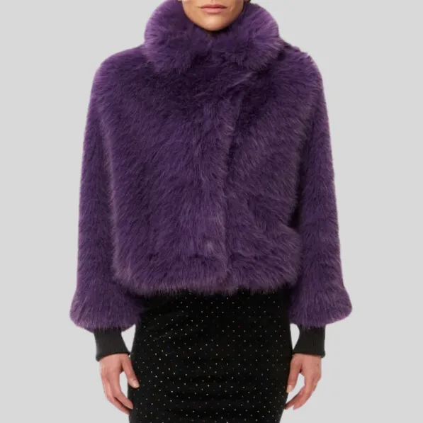 Faux Fur Peak Lapel Crop Jacket - Grape