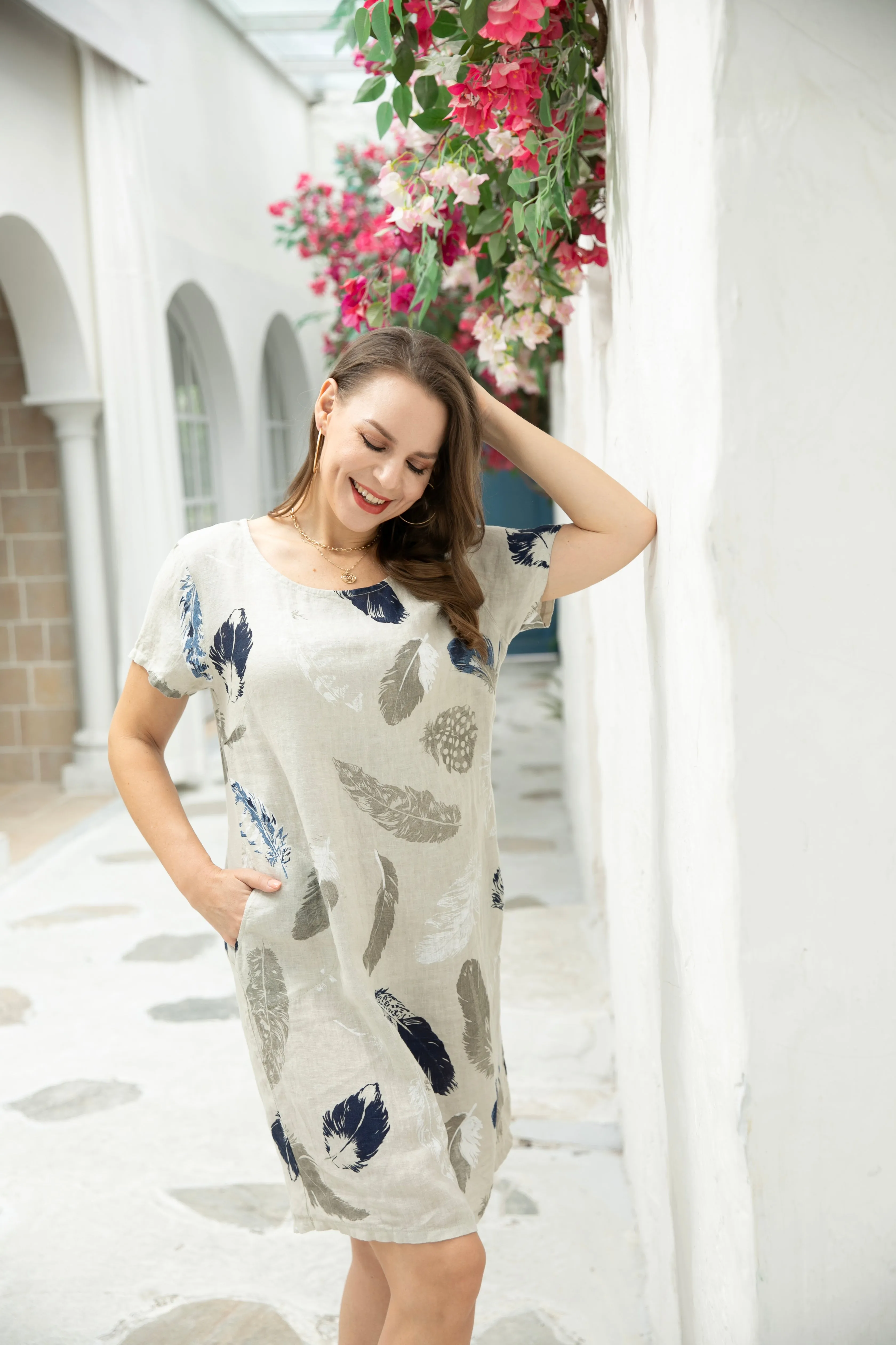 Feather Short Sleeve Linen Dress