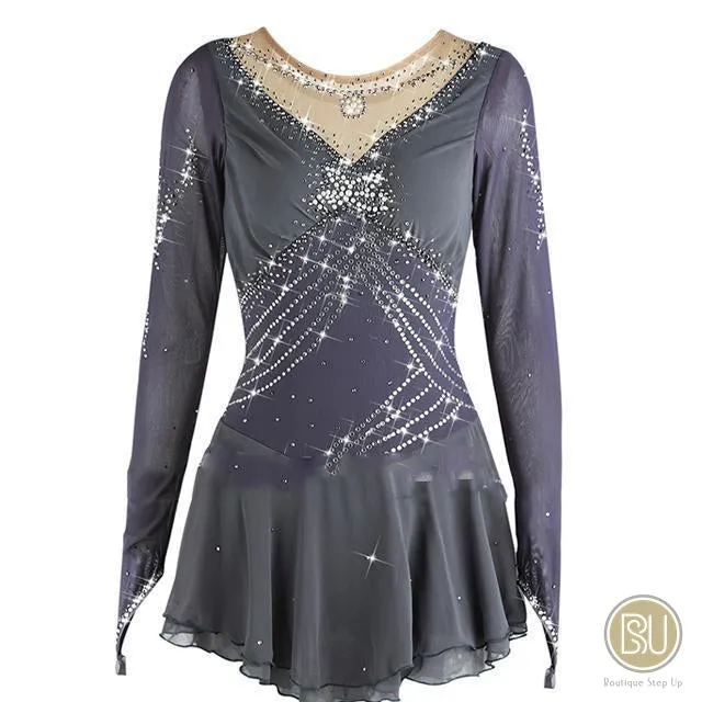 Figure Skating Dresses Rhinestones Grey Long Sleeves sIze 8 to AXXL, SU111