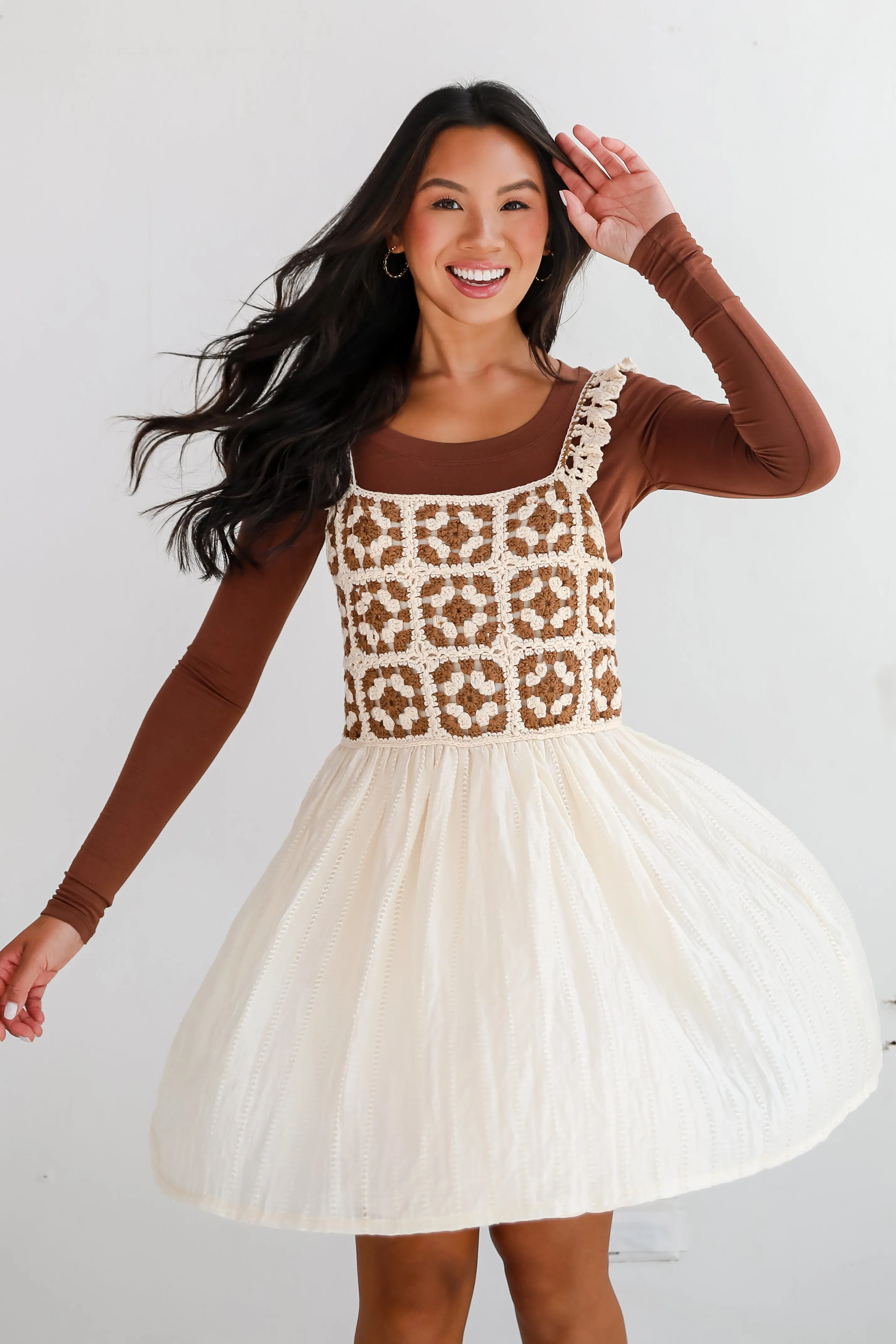 FINAL SALE - Composed Delight Cream Crochet Knit Mini Dress