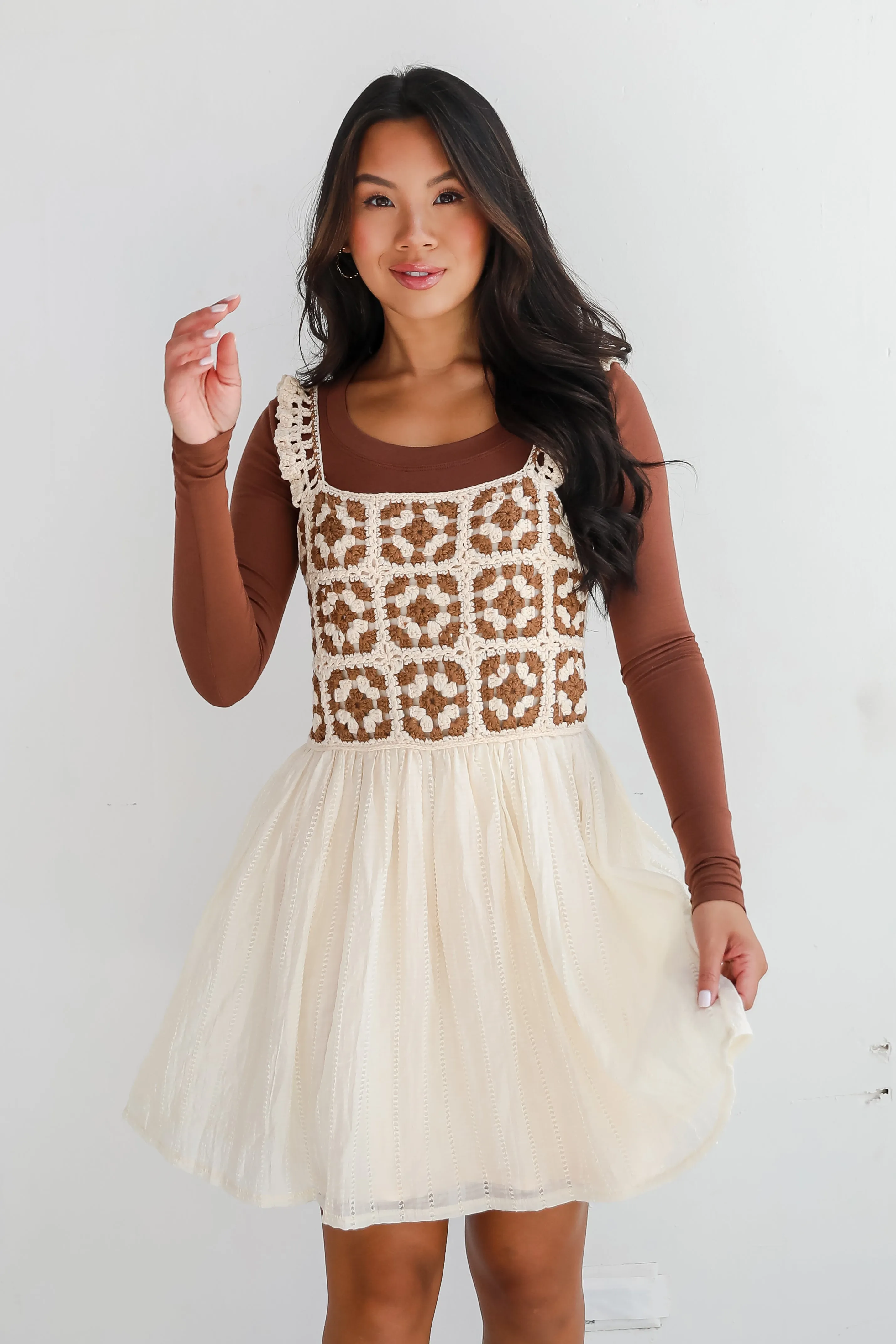 FINAL SALE - Composed Delight Cream Crochet Knit Mini Dress