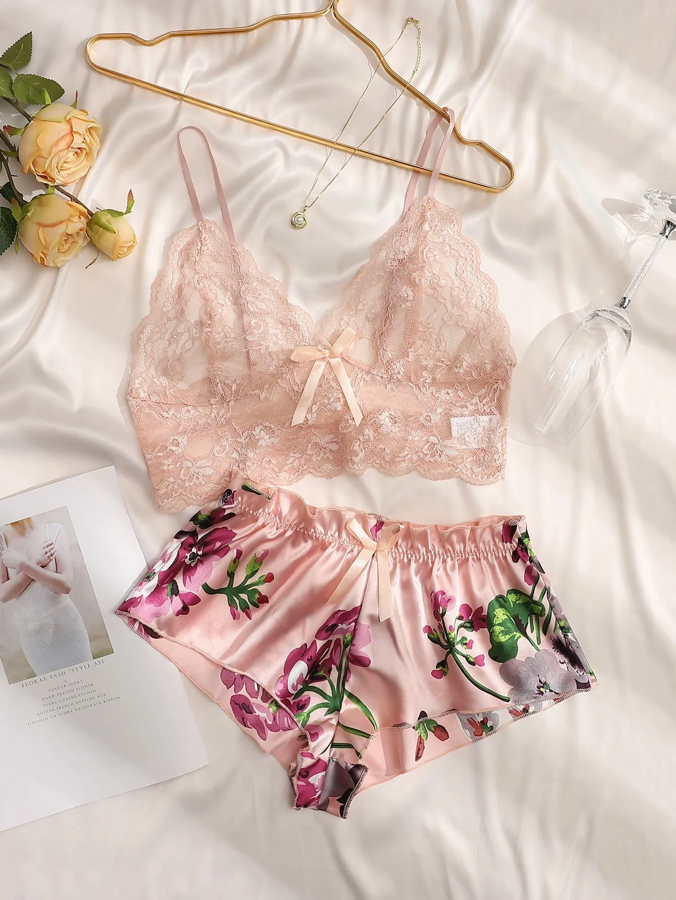 Floral Lace Bow Front Lingerie Set