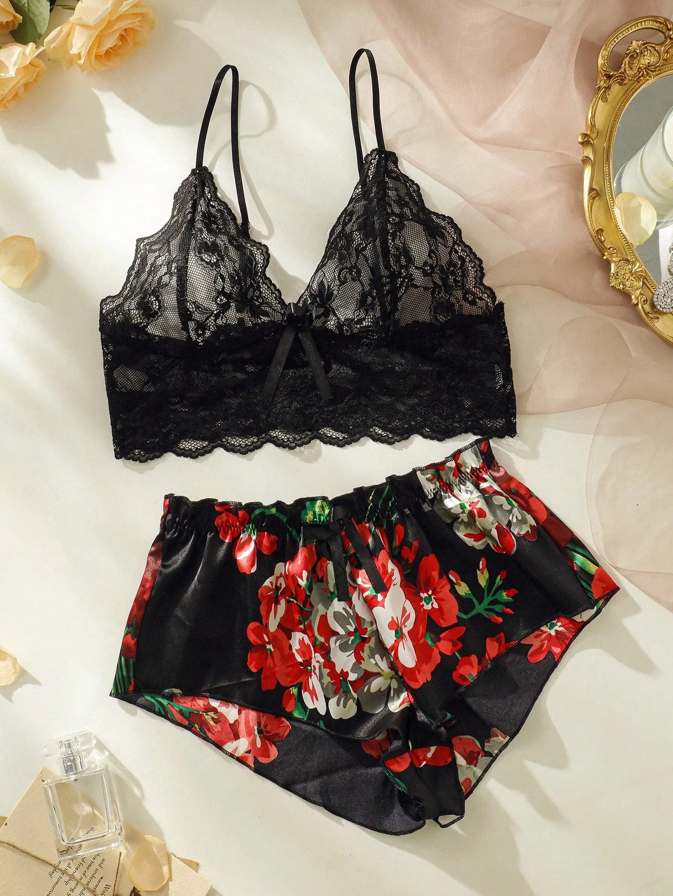 Floral Lace Bow Front Lingerie Set