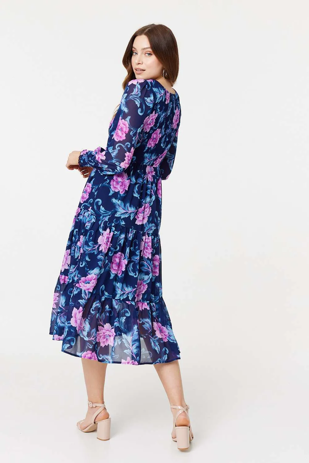 Floral Semi-Sheer Tiered Midi Dress