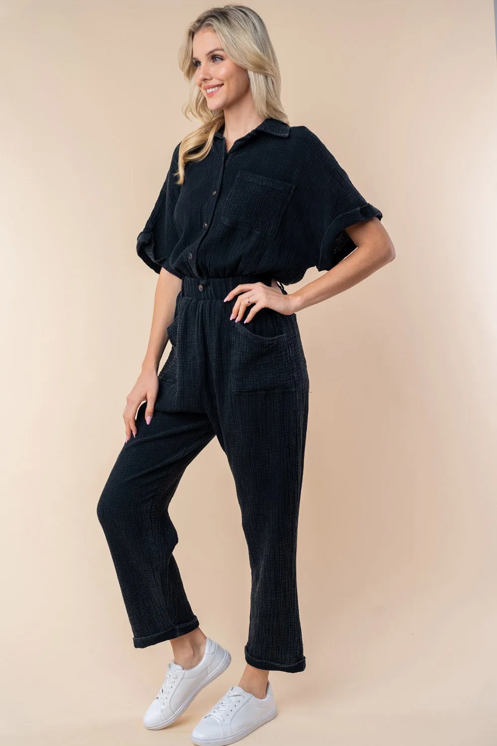 Gauze Button Down Jumpsuit